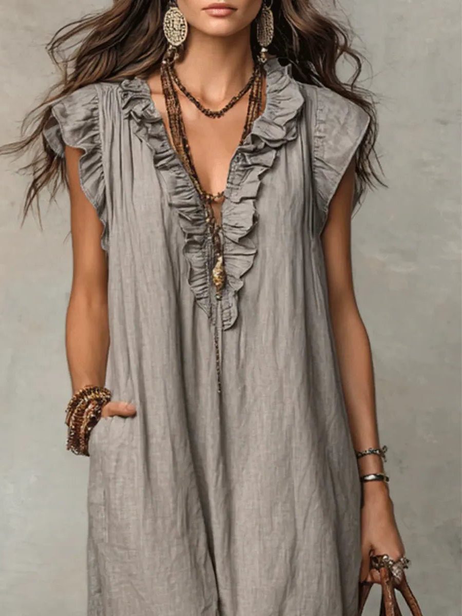 Women's Linen-Look V-Neck Maxi Dress with Flutter Sleeves and Ruffles - Maisie London