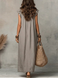Women's Linen-Look V-Neck Maxi Dress with Flutter Sleeves and Ruffles - Maisie London
