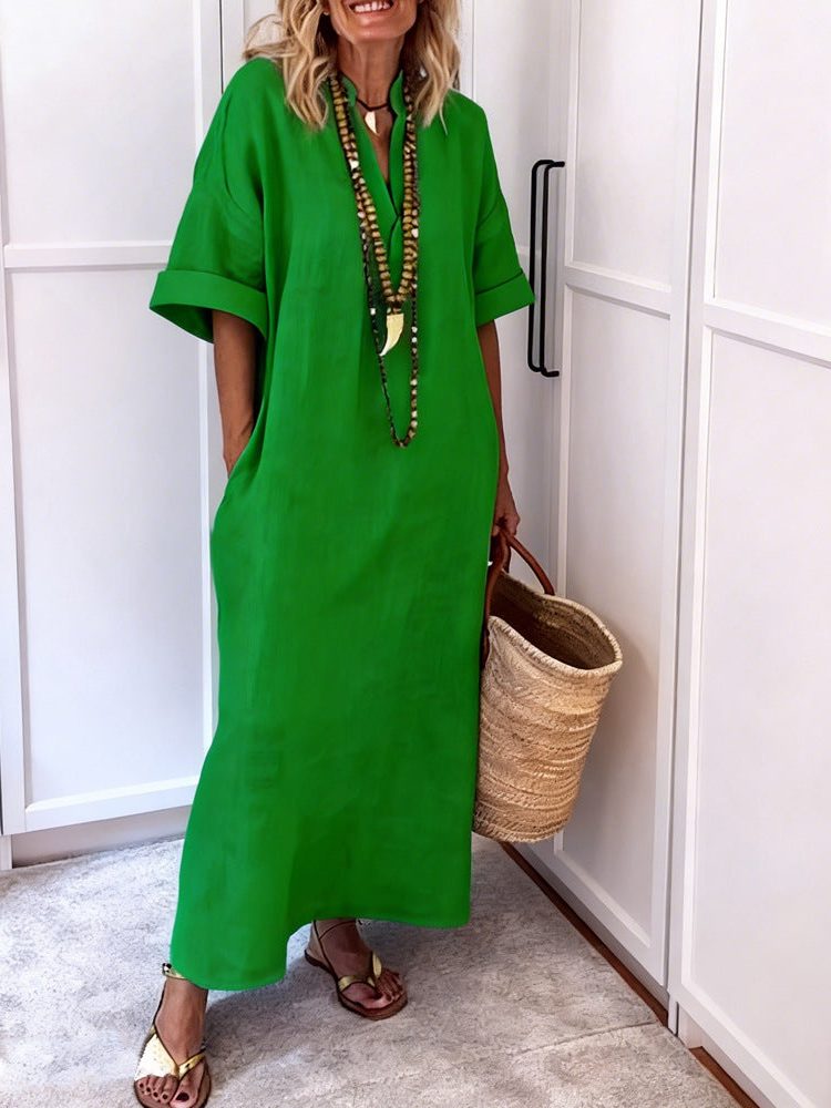 Women's Linen-Look Relaxed Maxi Shift Dress with V-Neck and Pockets - Maisie London
