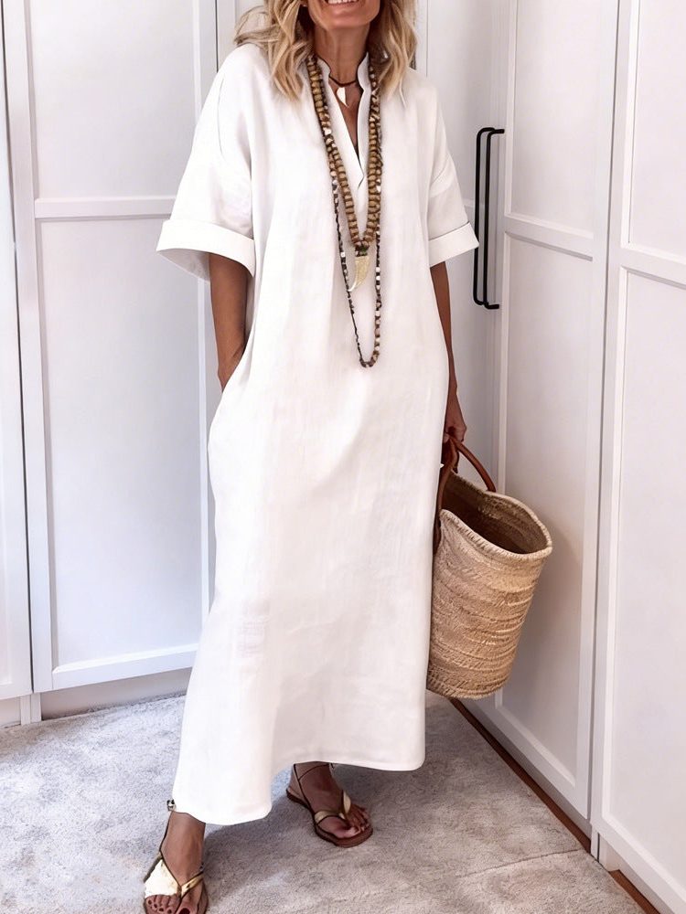 Women's Linen-Look Relaxed Maxi Shift Dress with V-Neck and Pockets - Maisie London