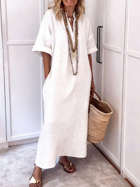 Women's Linen-Look Relaxed Maxi Shift Dress with V-Neck and Pockets - Maisie London