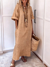 Women's Linen-Look Relaxed Maxi Shift Dress with V-Neck and Pockets - Maisie London