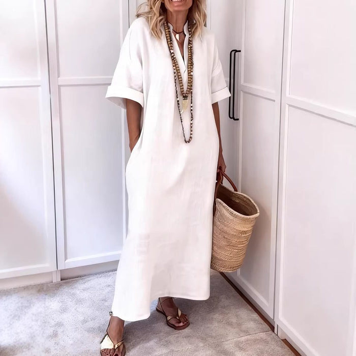 Women's Linen-Look Relaxed Maxi Shift Dress with V-Neck and Pockets - Maisie London