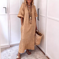 Women's Linen-Look Relaxed Maxi Shift Dress with V-Neck and Pockets - Maisie London