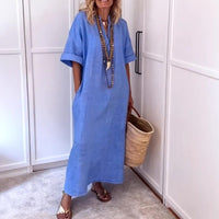 Women's Linen-Look Relaxed Maxi Shift Dress with V-Neck and Pockets - Maisie London