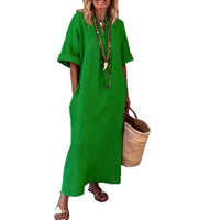 Women's Linen-Look Relaxed Maxi Shift Dress with V-Neck and Pockets - Maisie London