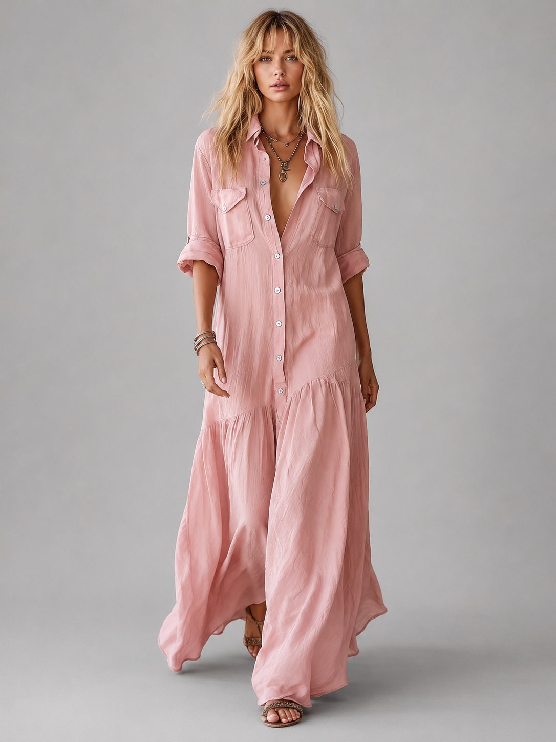 Women's Pink Linen-Look Maxi Shirt Dress with Tiered Hem - Maisie London