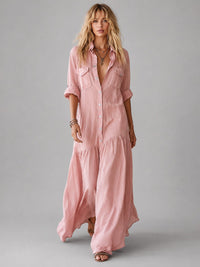 Women's Pink Linen-Look Maxi Shirt Dress with Tiered Hem - Maisie London