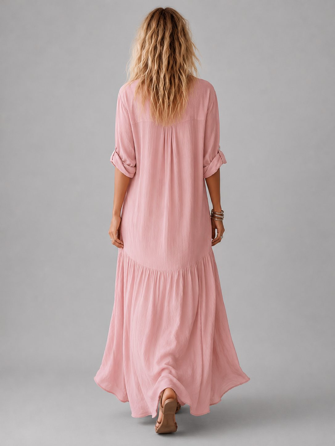 Women's Pink Linen-Look Maxi Shirt Dress with Tiered Hem - Maisie London