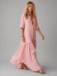 Women's Pink Linen-Look Maxi Shirt Dress with Tiered Hem - Maisie London