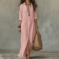Women's Linen-Look Relaxed Maxi Shirt Dress with Collar and Split Hem - Maisie London