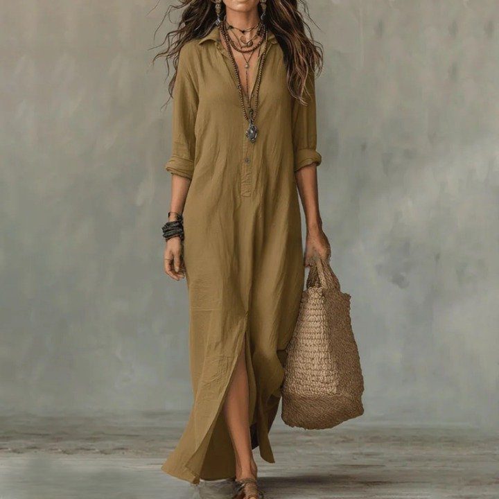 Women's Linen-Look Relaxed Maxi Shirt Dress with Collar and Split Hem - Maisie London