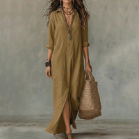 Women's Linen-Look Relaxed Maxi Shirt Dress with Collar and Split Hem - Maisie London