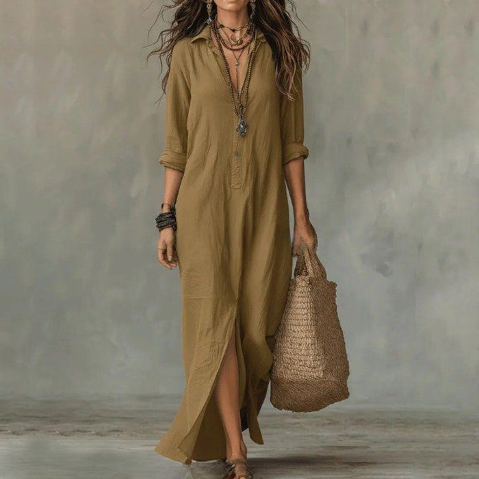 Women's Linen-Look Relaxed Maxi Shirt Dress with Collar and Split Hem - Maisie London