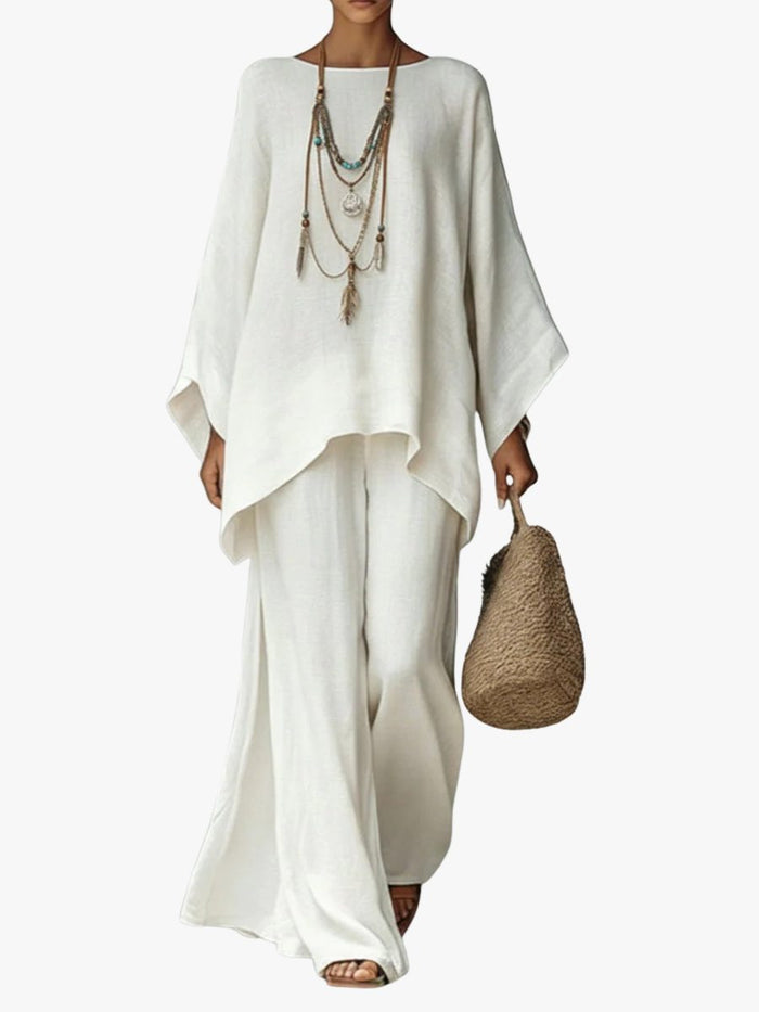 Women's Linen-Look Wide-Leg Co-ord Set with Poncho Top - Maisie London