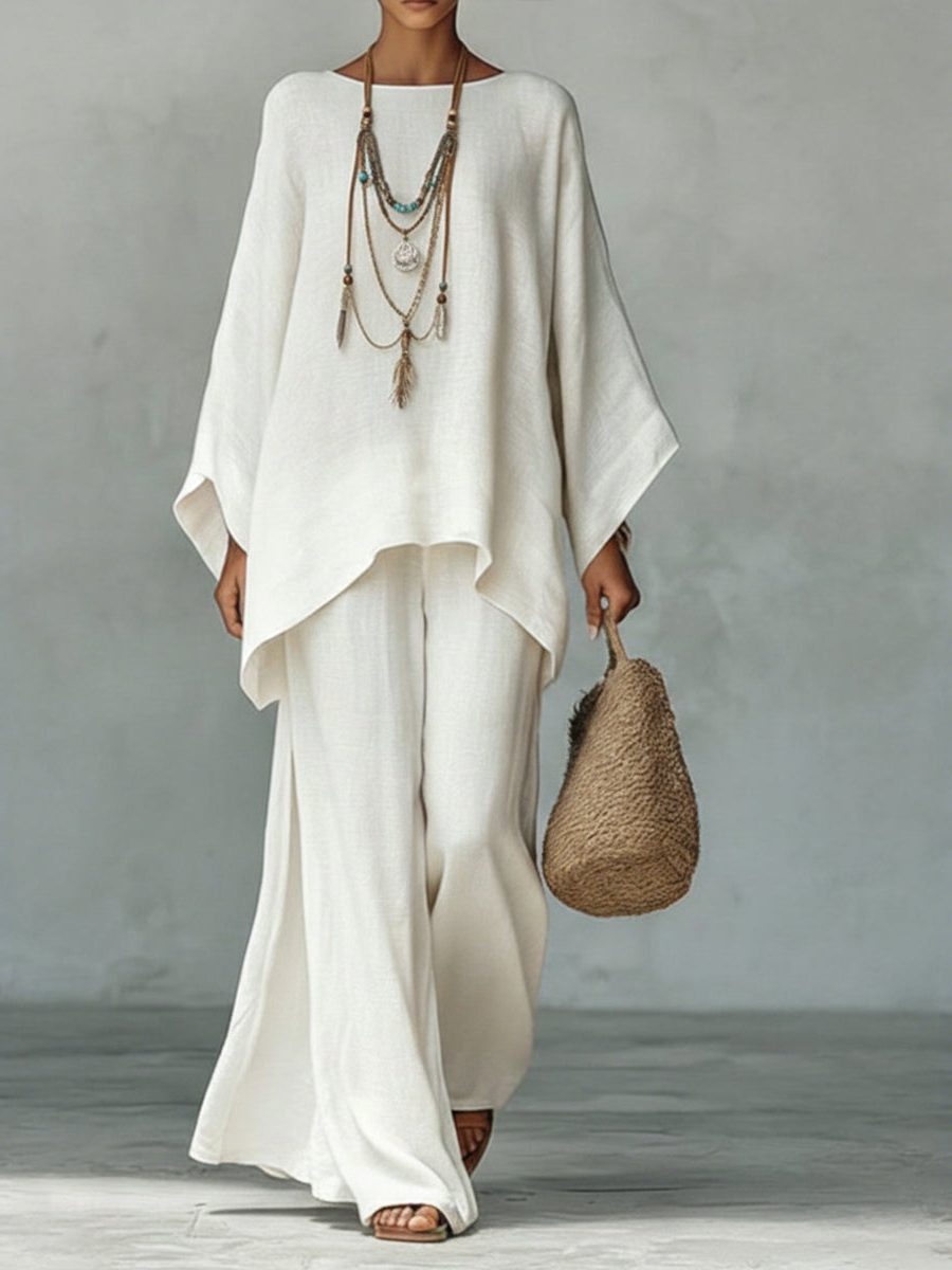 Women's Linen-Look Wide-Leg Co-ord Set with Poncho Top - Maisie London