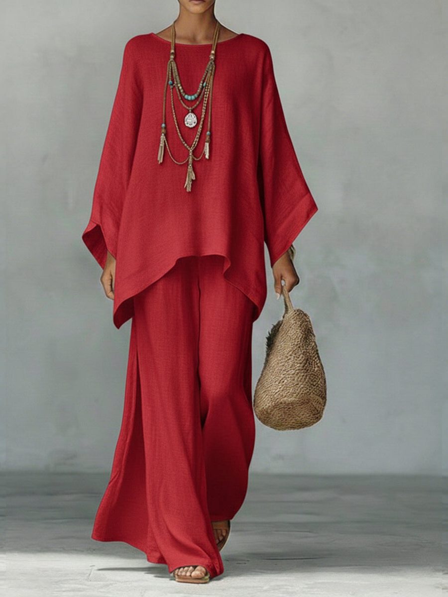 Women's Linen-Look Wide-Leg Co-ord Set with Poncho Top - Maisie London