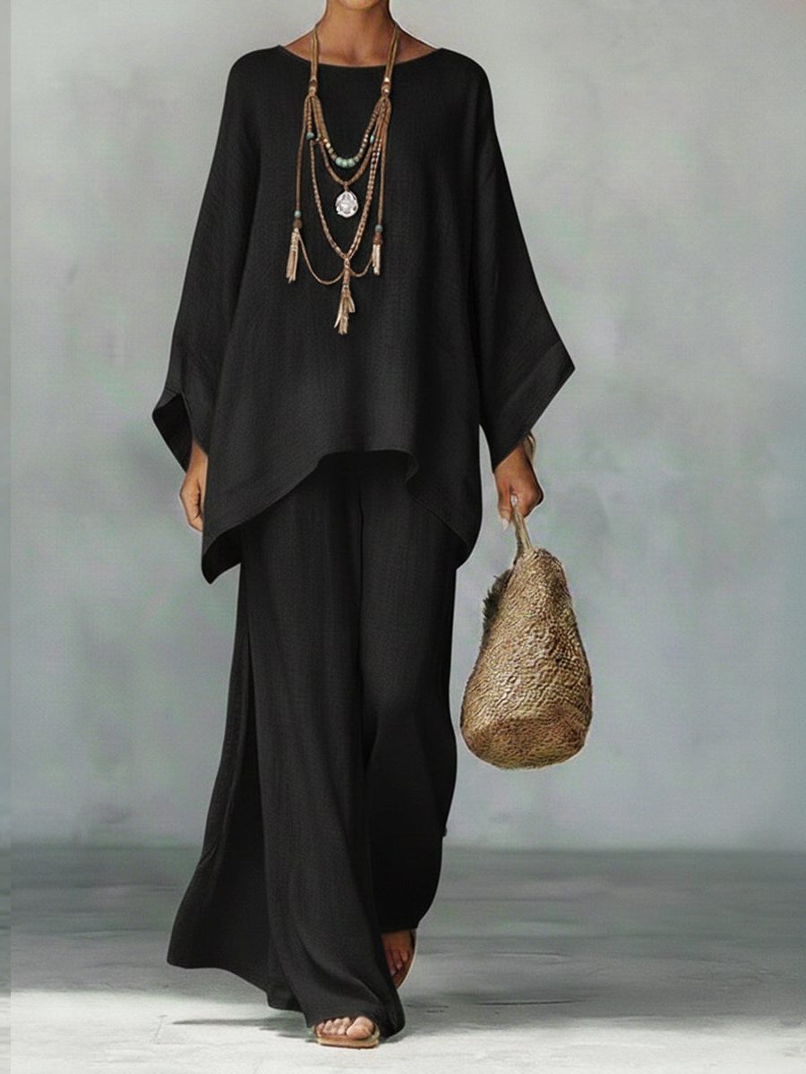 Women's Linen-Look Wide-Leg Co-ord Set with Poncho Top - Maisie London