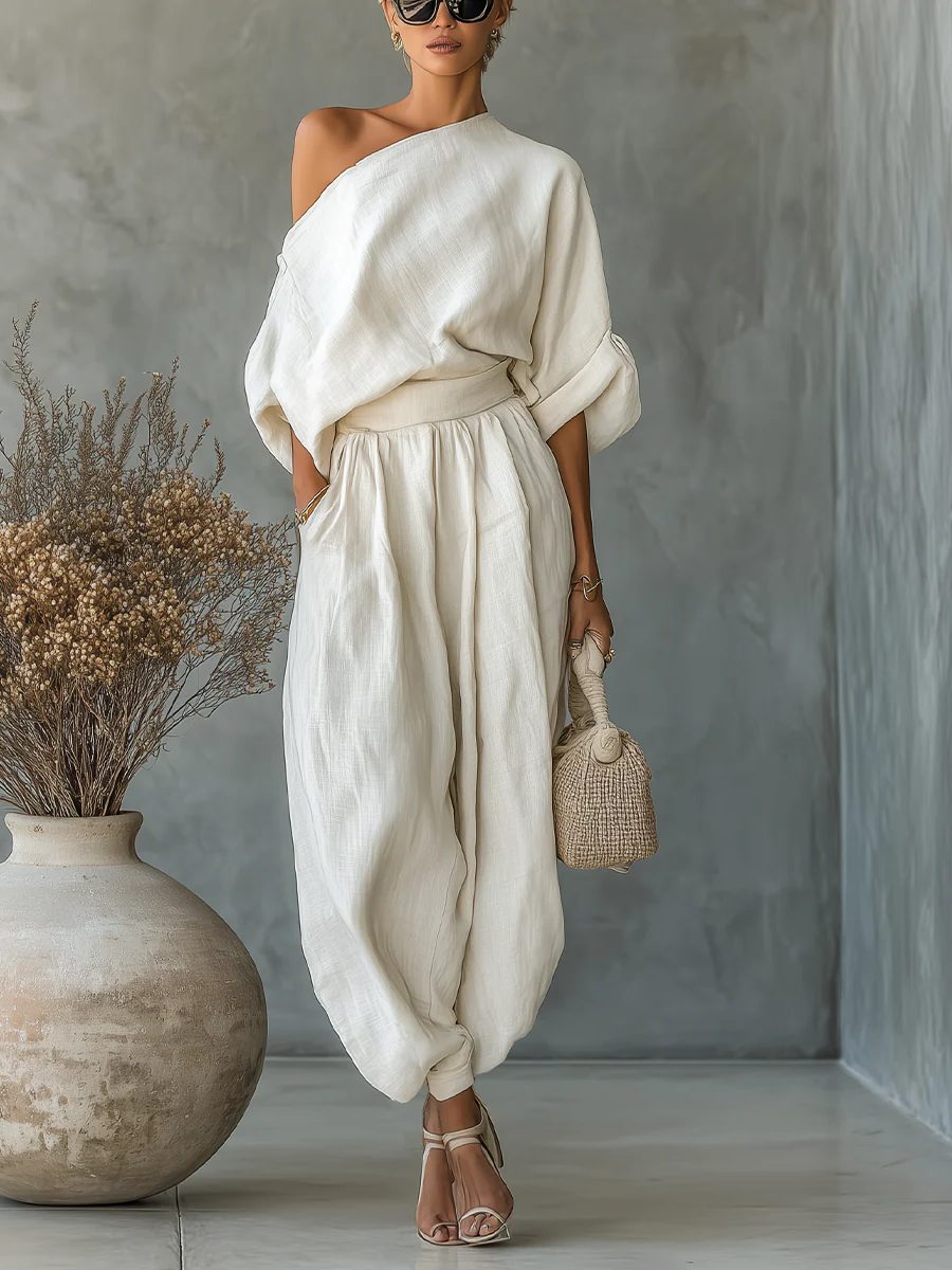 Women's Beige Linen-Look Off-Shoulder Top and Tapered Trouser Set - Maisie London