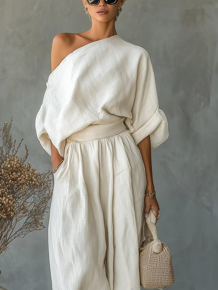 Women's Beige Linen-Look Off-Shoulder Top and Tapered Trouser Set - Maisie London