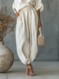 Women's Beige Linen-Look Off-Shoulder Top and Tapered Trouser Set - Maisie London