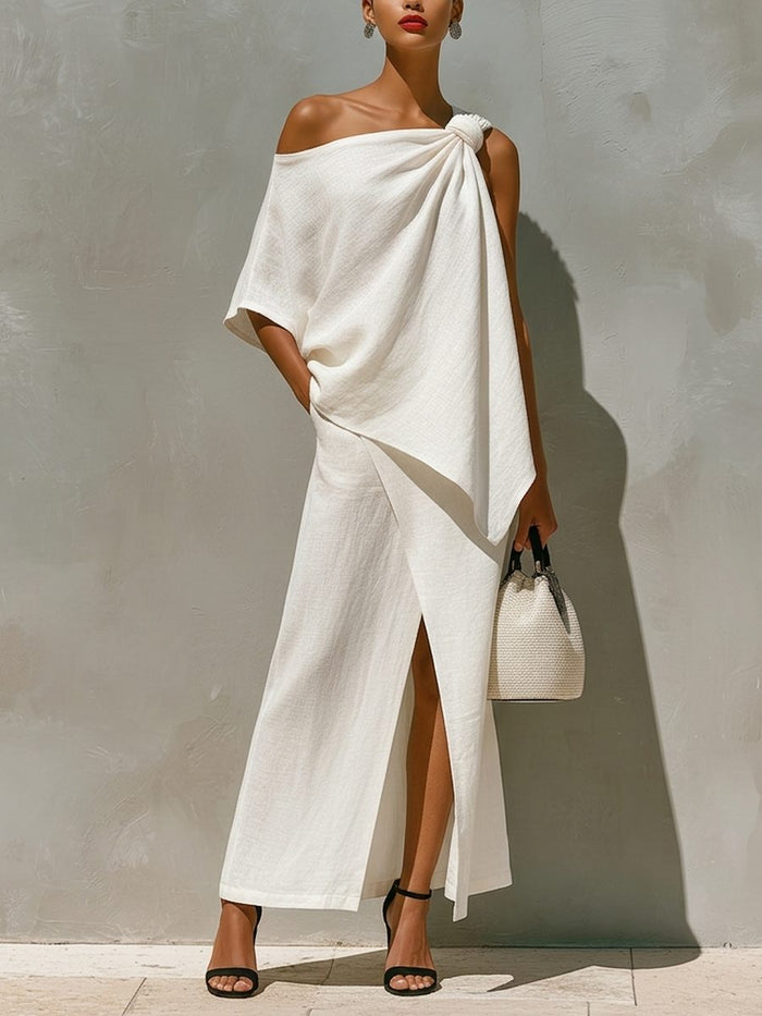 Women's White Linen-Look One-Shoulder Maxi Skirt Set with Split - Maisie London