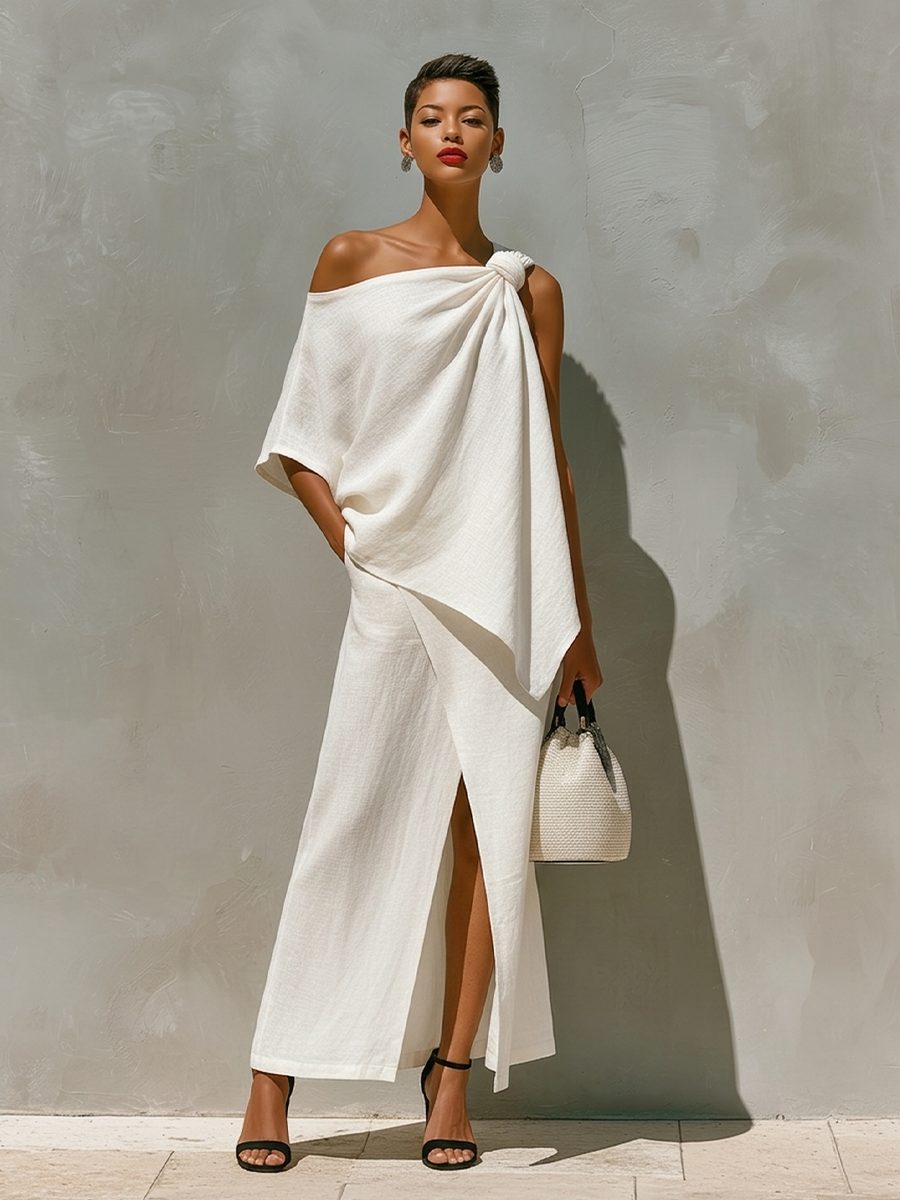 Women's White Linen-Look One-Shoulder Maxi Skirt Set with Split - Maisie London