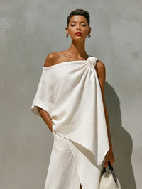 Women's White Linen-Look One-Shoulder Maxi Skirt Set with Split - Maisie London