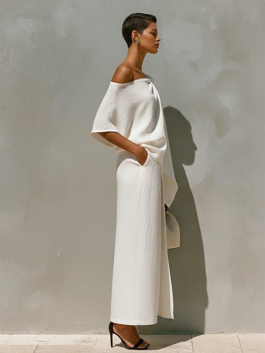 Women's White Linen-Look One-Shoulder Maxi Skirt Set with Split - Maisie London