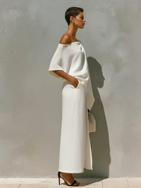Women's White Linen-Look One-Shoulder Maxi Skirt Set with Split - Maisie London
