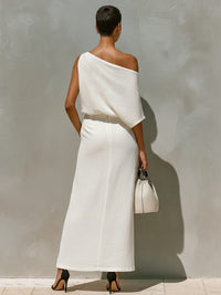 Women's White Linen-Look One-Shoulder Maxi Skirt Set with Split - Maisie London