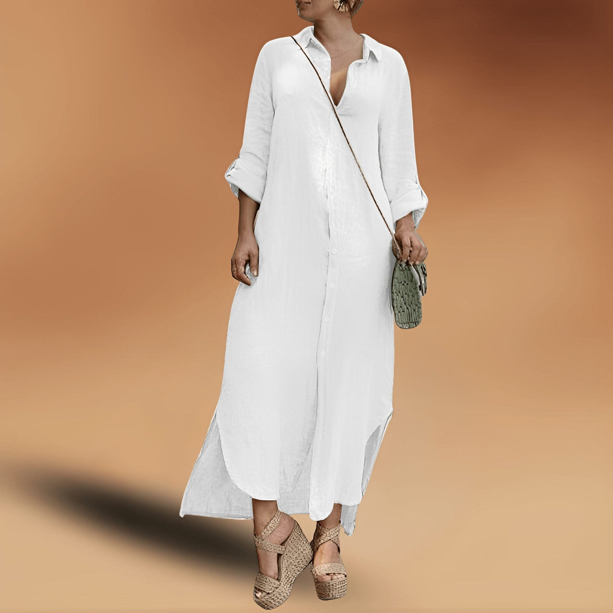 Women's Linen-Look Oversized Maxi Shirt Dress with Button-Front - Maisie London