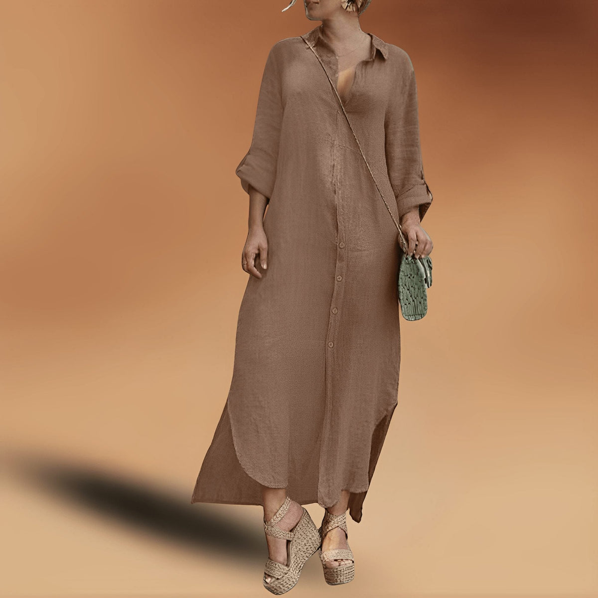 Women's Linen-Look Oversized Maxi Shirt Dress with Button-Front - Maisie London