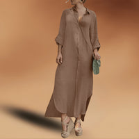 Women's Linen-Look Oversized Maxi Shirt Dress with Button-Front - Maisie London