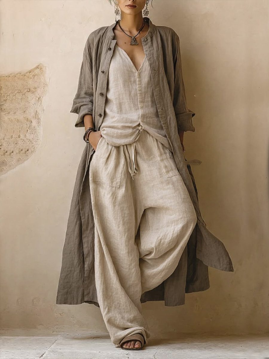Women's Linen-Look Wide-Leg Trouser Set with Longline Shirt and Vest - Maisie London