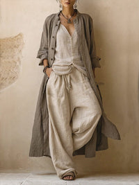 Women's Linen-Look Wide-Leg Trouser Set with Longline Shirt and Vest - Maisie London