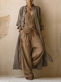 Women's Linen-Look Wide-Leg Trouser Set with Longline Shirt and Vest - Maisie London