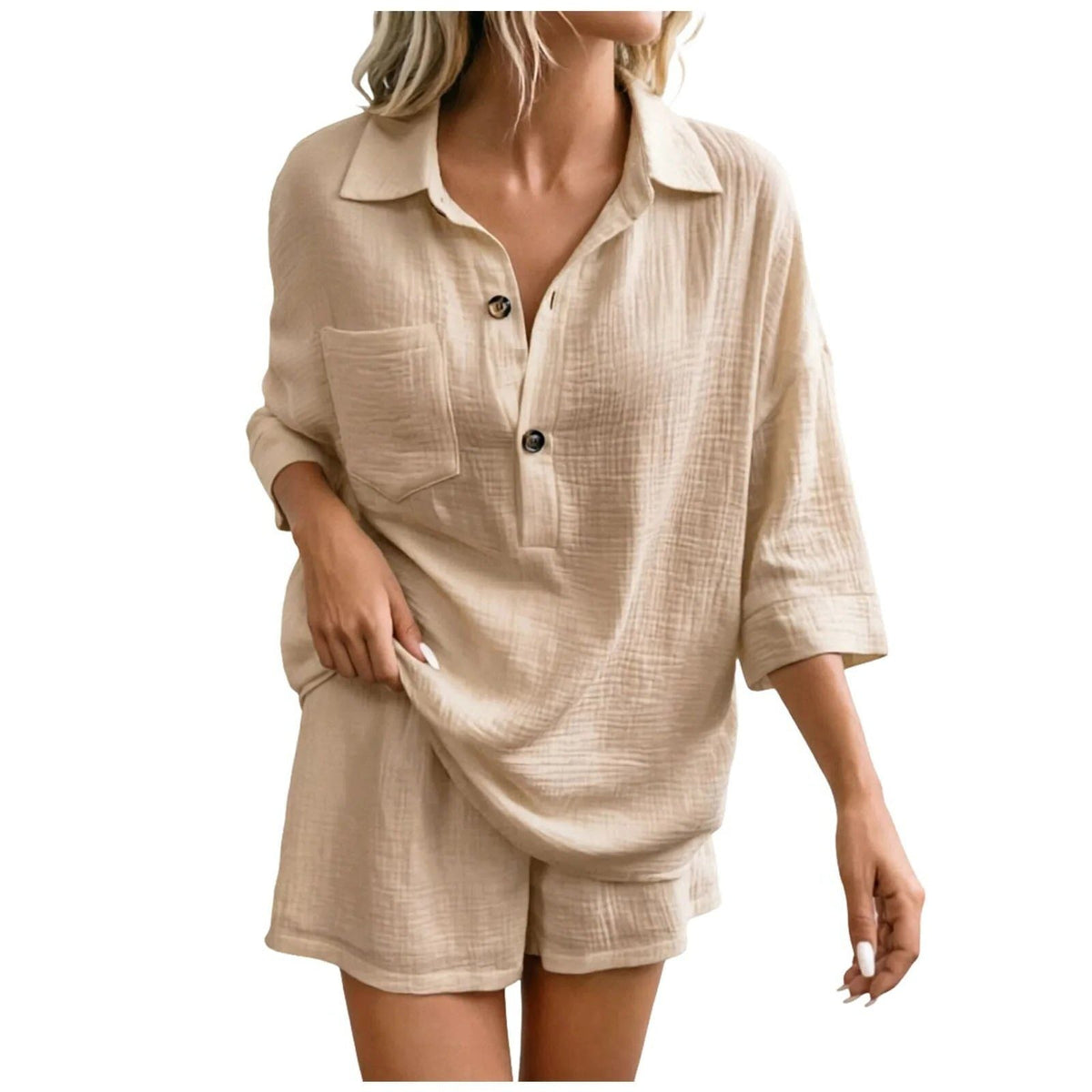 Women's Linen-Look Shirt and Shorts Co-ord Set with Chest Pocket - Maisie London