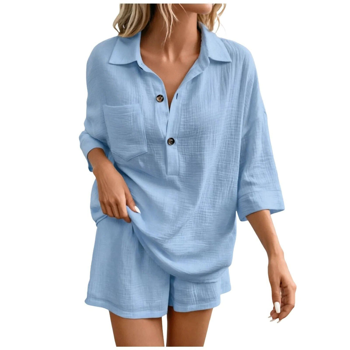 Women's Linen-Look Shirt and Shorts Co-ord Set with Chest Pocket - Maisie London