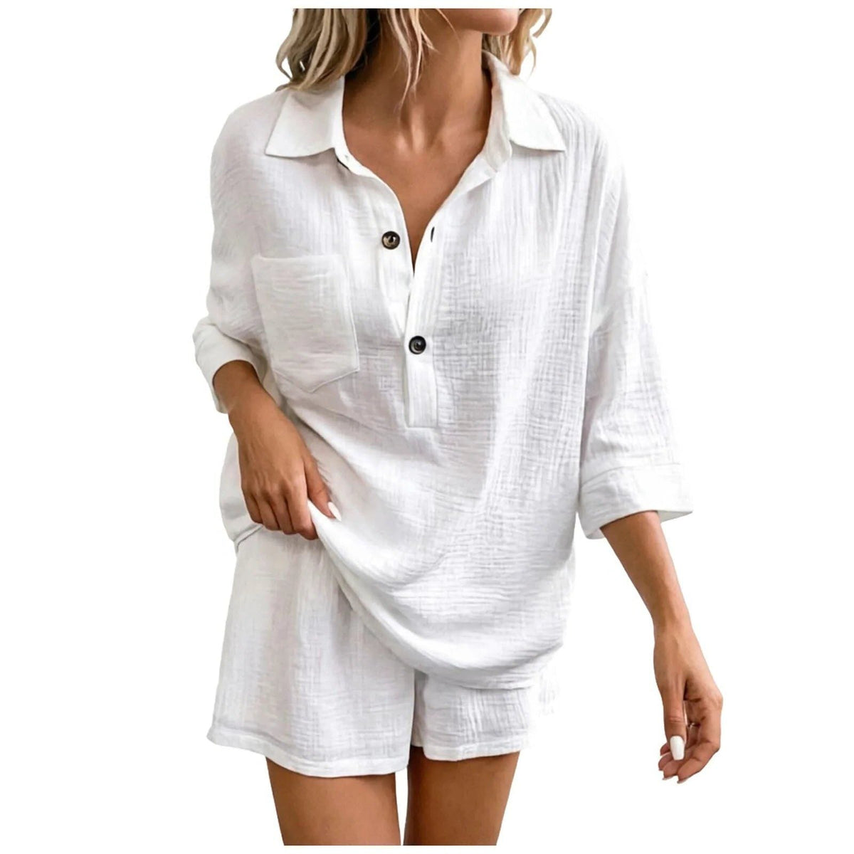 Women's Linen-Look Shirt and Shorts Co-ord Set with Chest Pocket - Maisie London