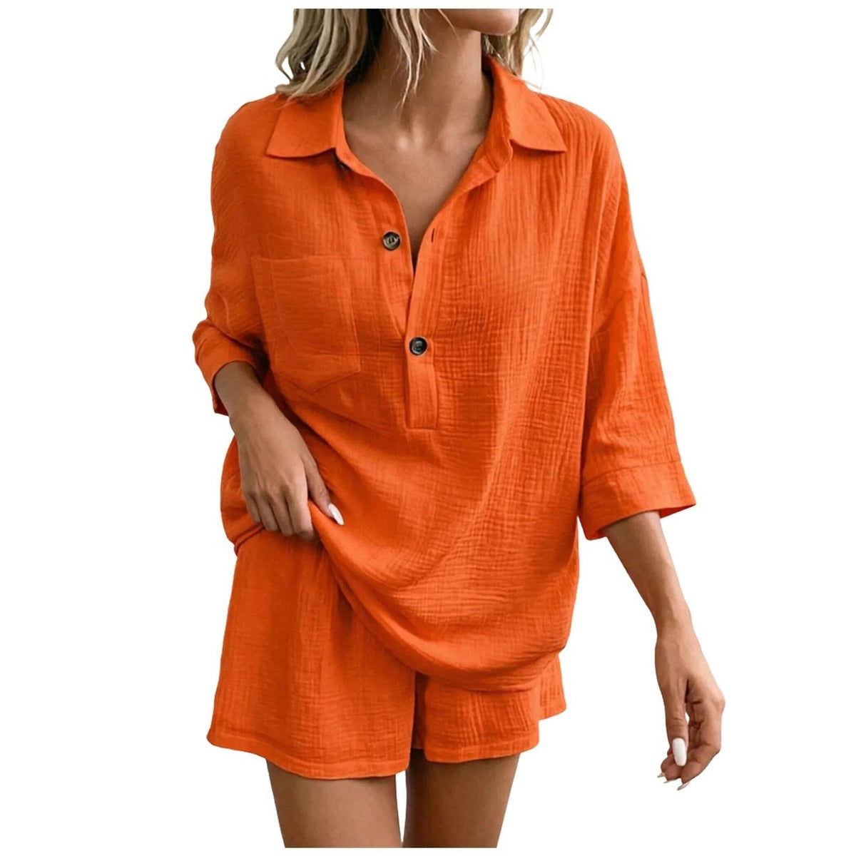 Women's Linen-Look Shirt and Shorts Co-ord Set with Chest Pocket - Maisie London