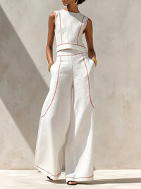 Women's White Linen-Look Wide-Leg Co-ord Set with Contrast Stitching - Maisie London