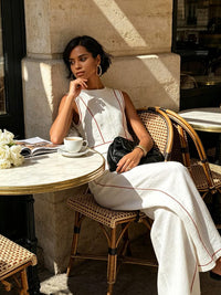 Women's White Linen-Look Wide-Leg Co-ord Set with Contrast Stitching - Maisie London
