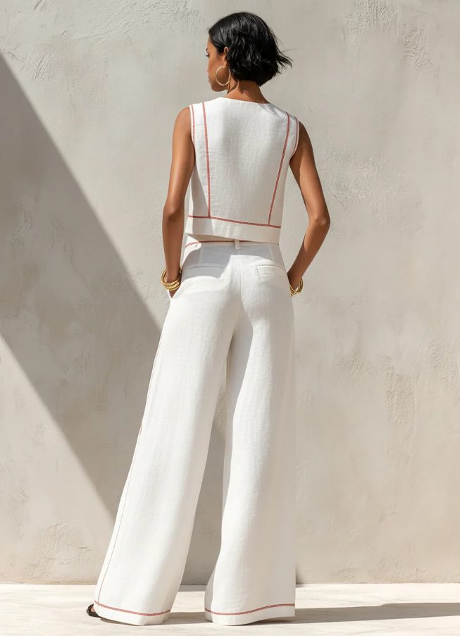 Women's White Linen-Look Wide-Leg Co-ord Set with Contrast Stitching - Maisie London