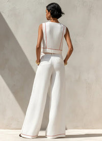 Women's White Linen-Look Wide-Leg Co-ord Set with Contrast Stitching - Maisie London