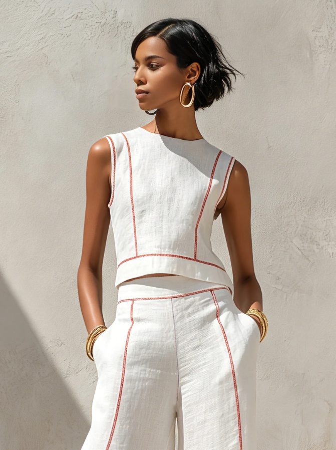Women's White Linen-Look Wide-Leg Co-ord Set with Contrast Stitching - Maisie London