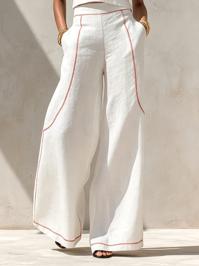 Women's White Linen-Look Wide-Leg Co-ord Set with Contrast Stitching - Maisie London