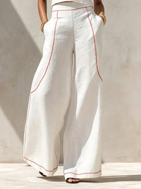 Women's White Linen-Look Wide-Leg Co-ord Set with Contrast Stitching - Maisie London