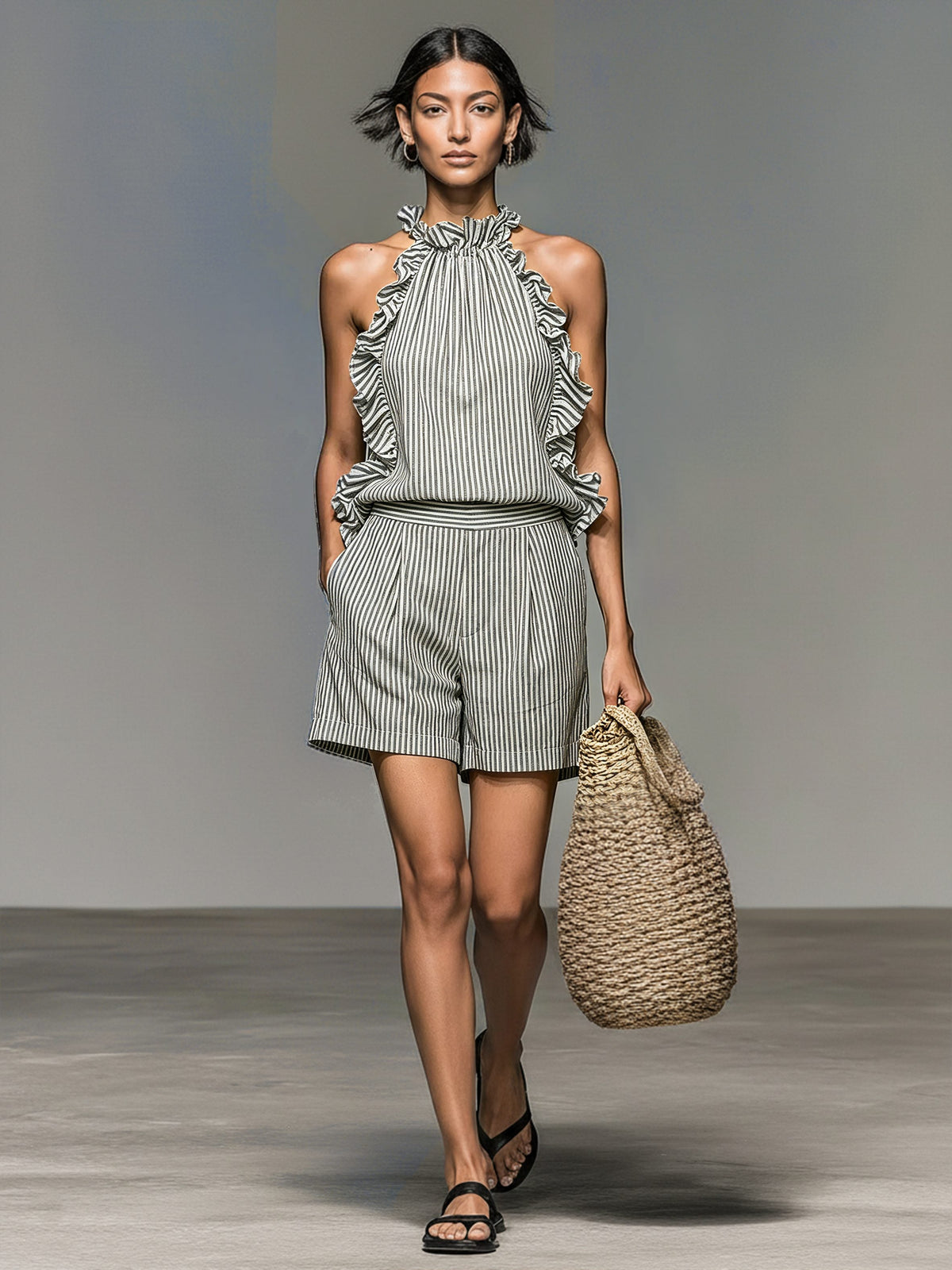 Women's Striped Linen-Look Halterneck Top and Shorts Set with Ruffles - Maisie London