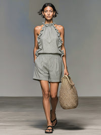Women's Striped Linen-Look Halterneck Top and Shorts Set with Ruffles - Maisie London
